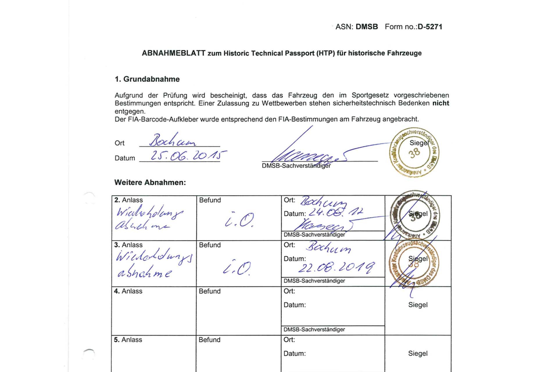 DMSB Grundabnahme für Wagenpass (DMSB, KFP oder HTP) 